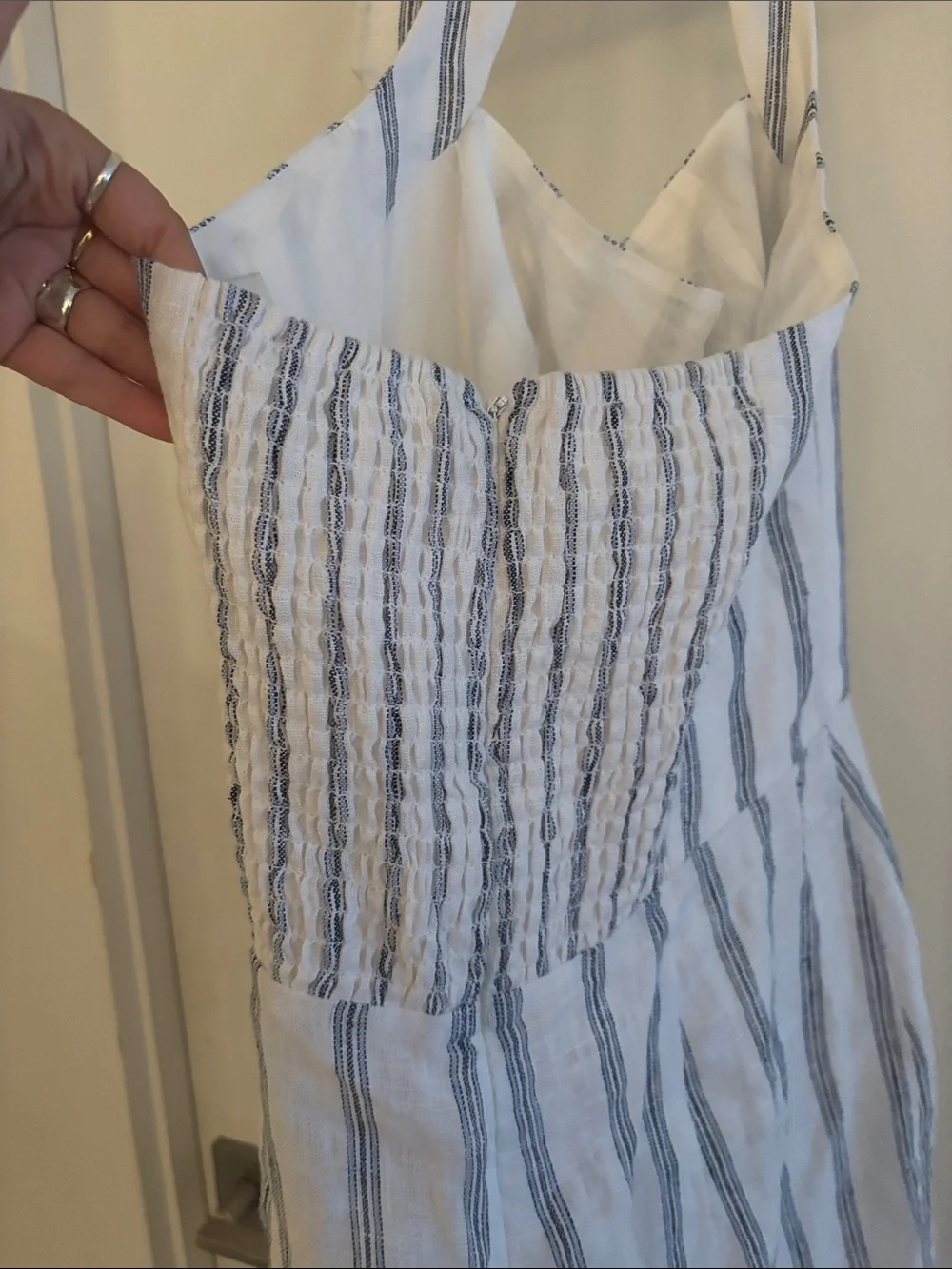 Reformation Malika Linen Jumpsuit Harbor Stripe 10 Sleeveless Halter Blue White